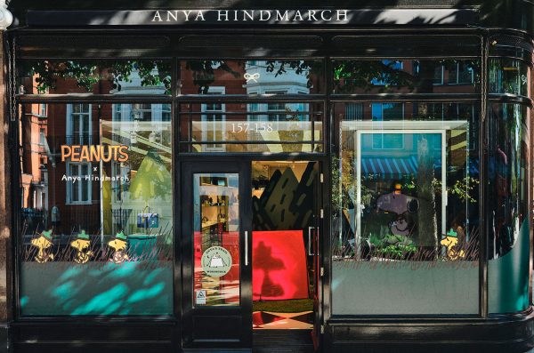 Anya Hindmarch London store installation with colourful Peanuts Snoopy themed tent decorations.